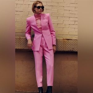 🩵 ZARA Bubblegum Pink Belted Trousers Pants & Matching Blazer Suit